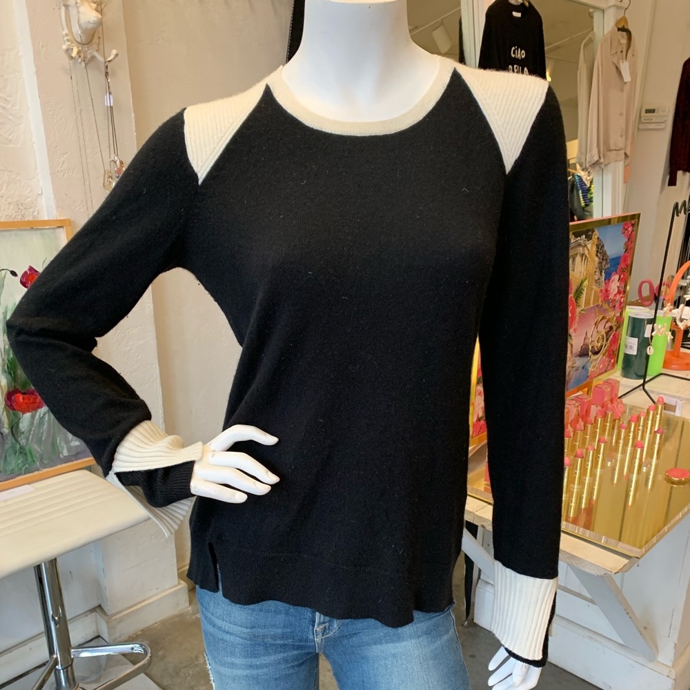 SOLD —- Black and white cashmere crew neck sweater